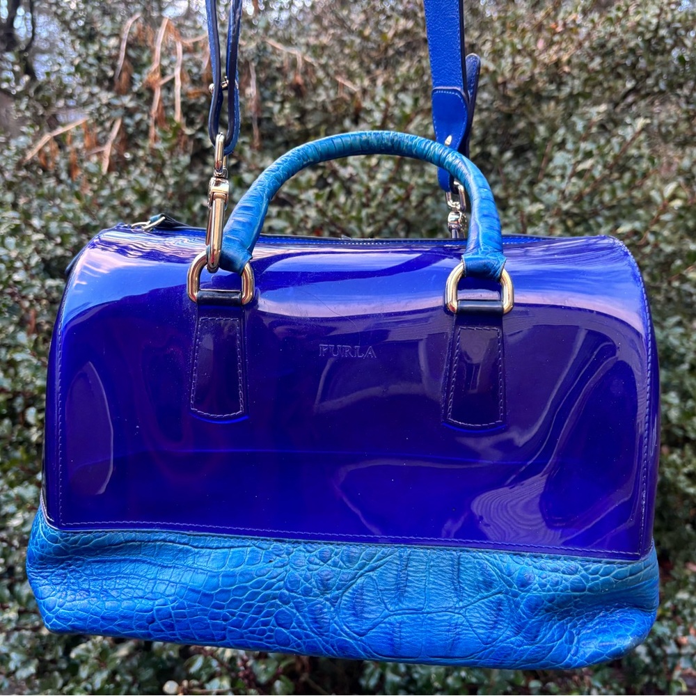 Furla Blue Patent & Embossed Croc-Textured Shoulder Bag - Picture 2 of 10